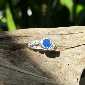 Cobalt blue sea glass beaded floral sterling & fine silver thick band